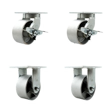 Service Caster 6'' Heavy Duty Semi Steel Cast Iron Wheel Caster Set 2 Brakes 2 Rigid, 4PK CRAN-SCC-KP92S630-SSR-SLB-2-R-2